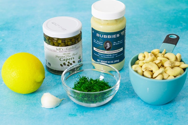 Vegan Caper Dill Sauce ingredients. Photograph by Dessert Done Light, Lafayette, La. 