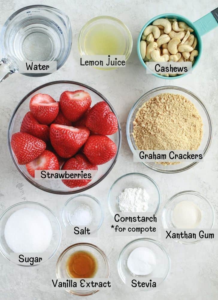 ingredients for light strawberry cheesecake parfaits (vegan)