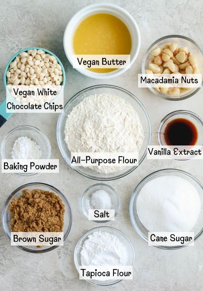 the ingredients for white chocolate macadamia nut blondies (vegan)