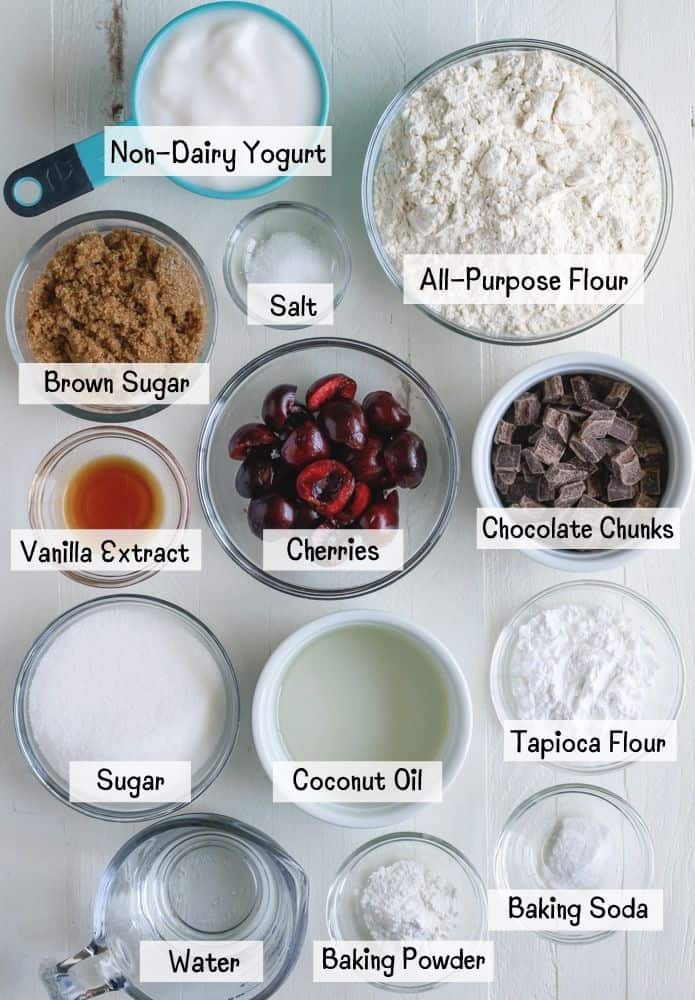 the ingredients for vegan chocolate chunk cherry muffins