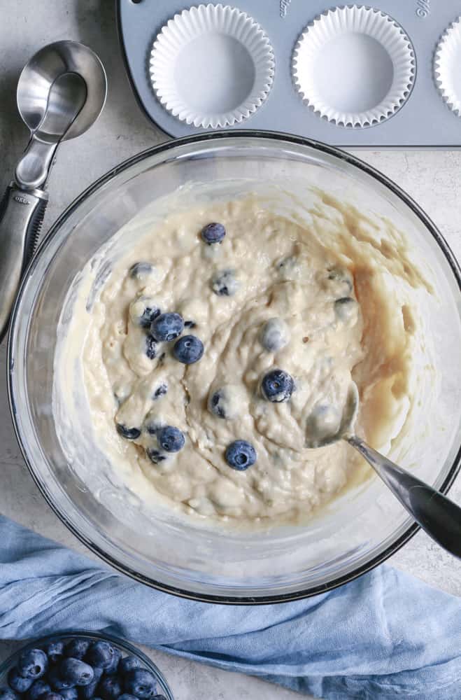 Low-calorie Blueberry Muffin batter in a large bowl.