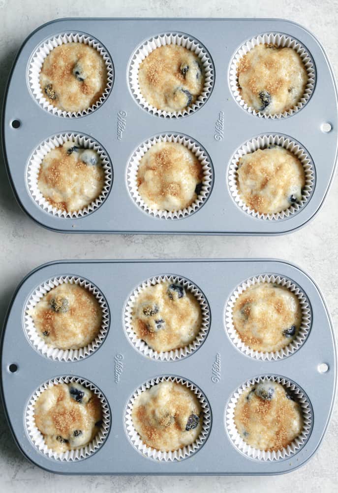 Low-calorie blueberry muffin batter in a muffin tin