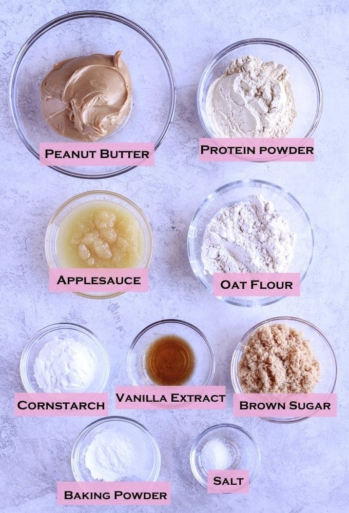 Ingredients for peanut butter protein cookies laid out on a counter