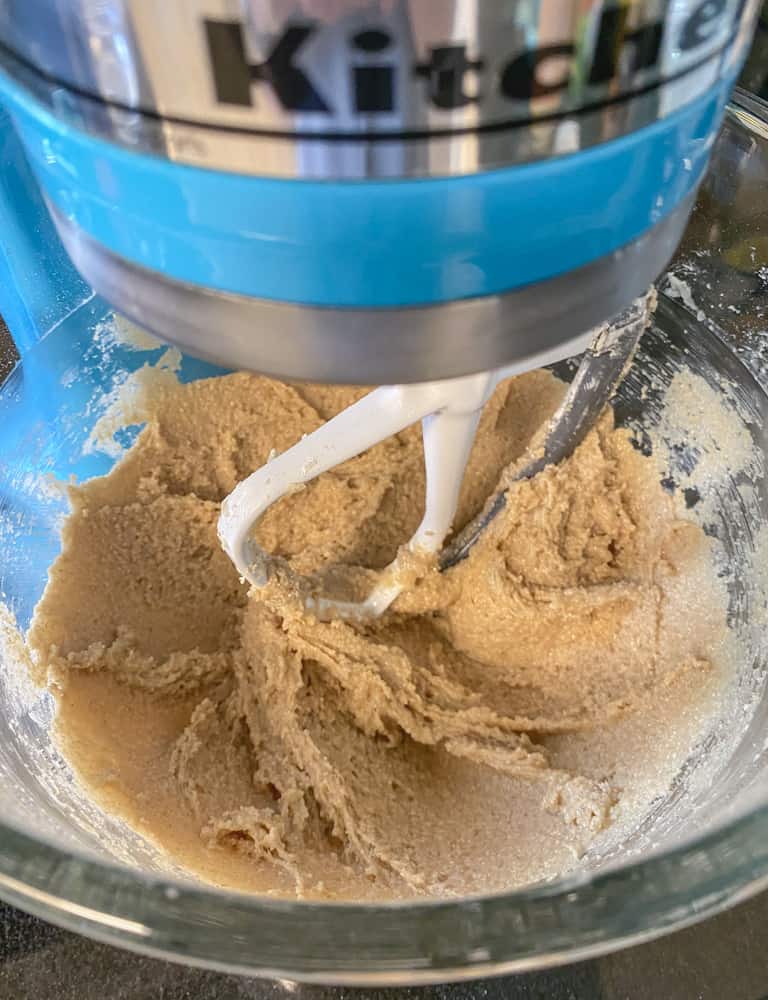 healthy sugar cookie dough being mixed in a stand mixer
