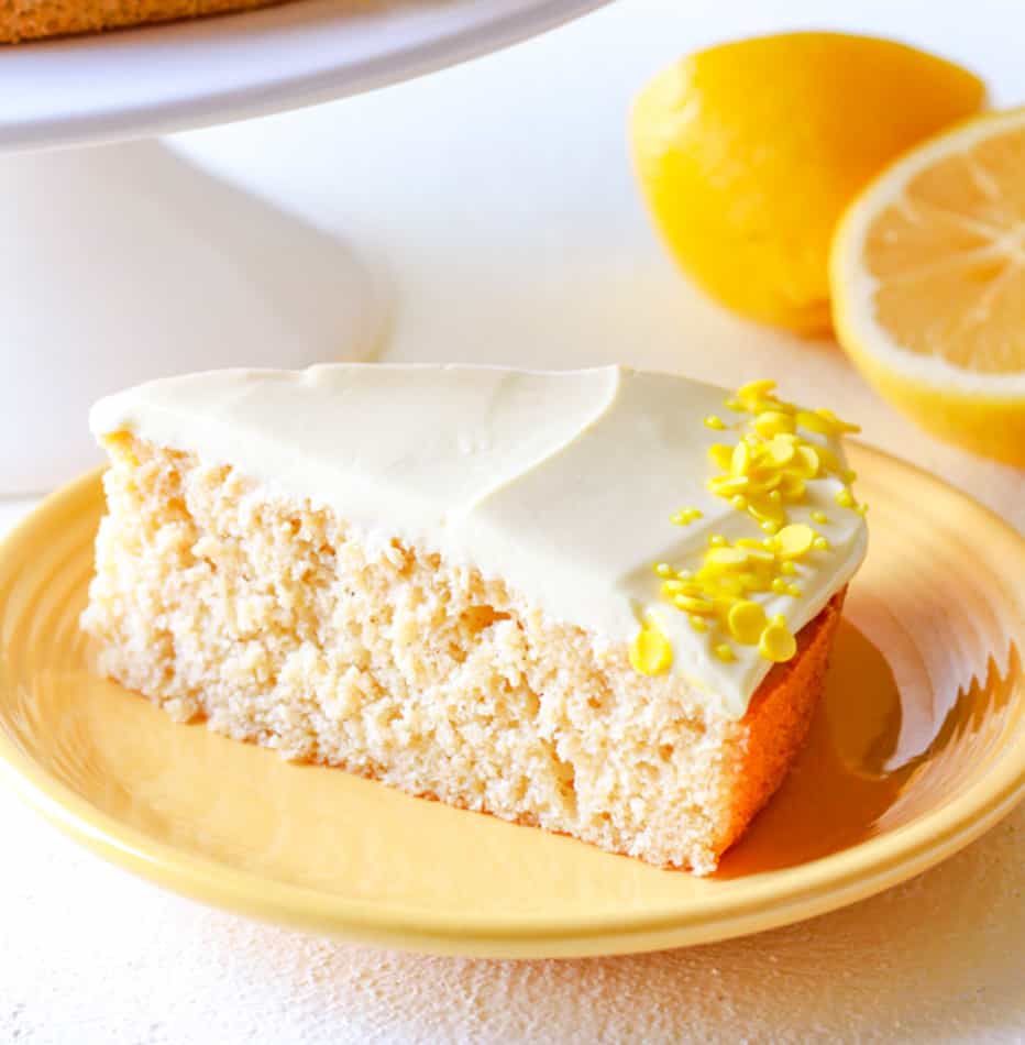 a slice healthy lemon cake on a yellow plate