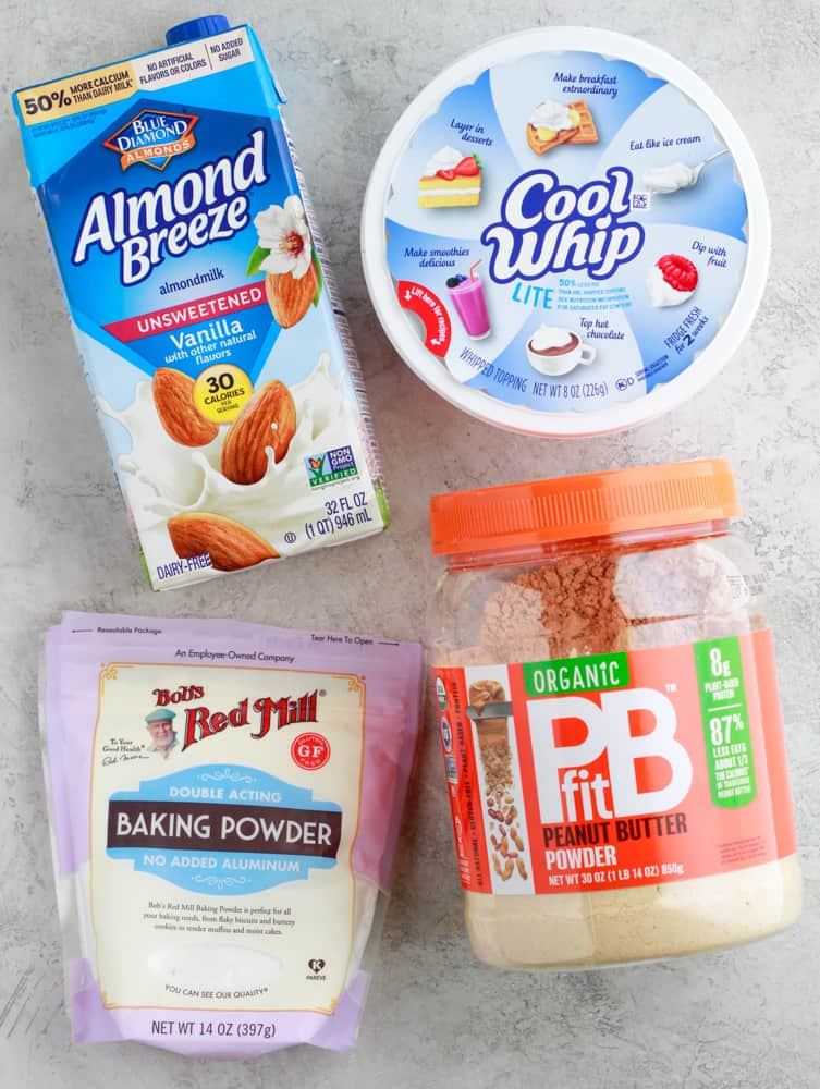 Almond milk, PBfit, cool whip, baking powder