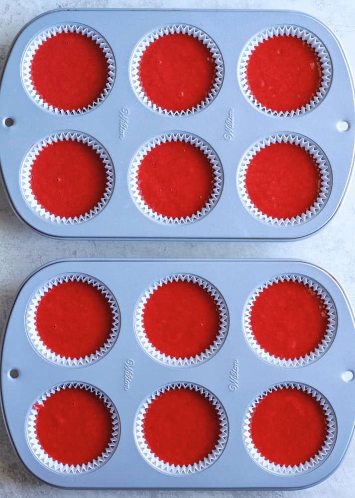 healthy red velvet cupcake batter in muffin tins