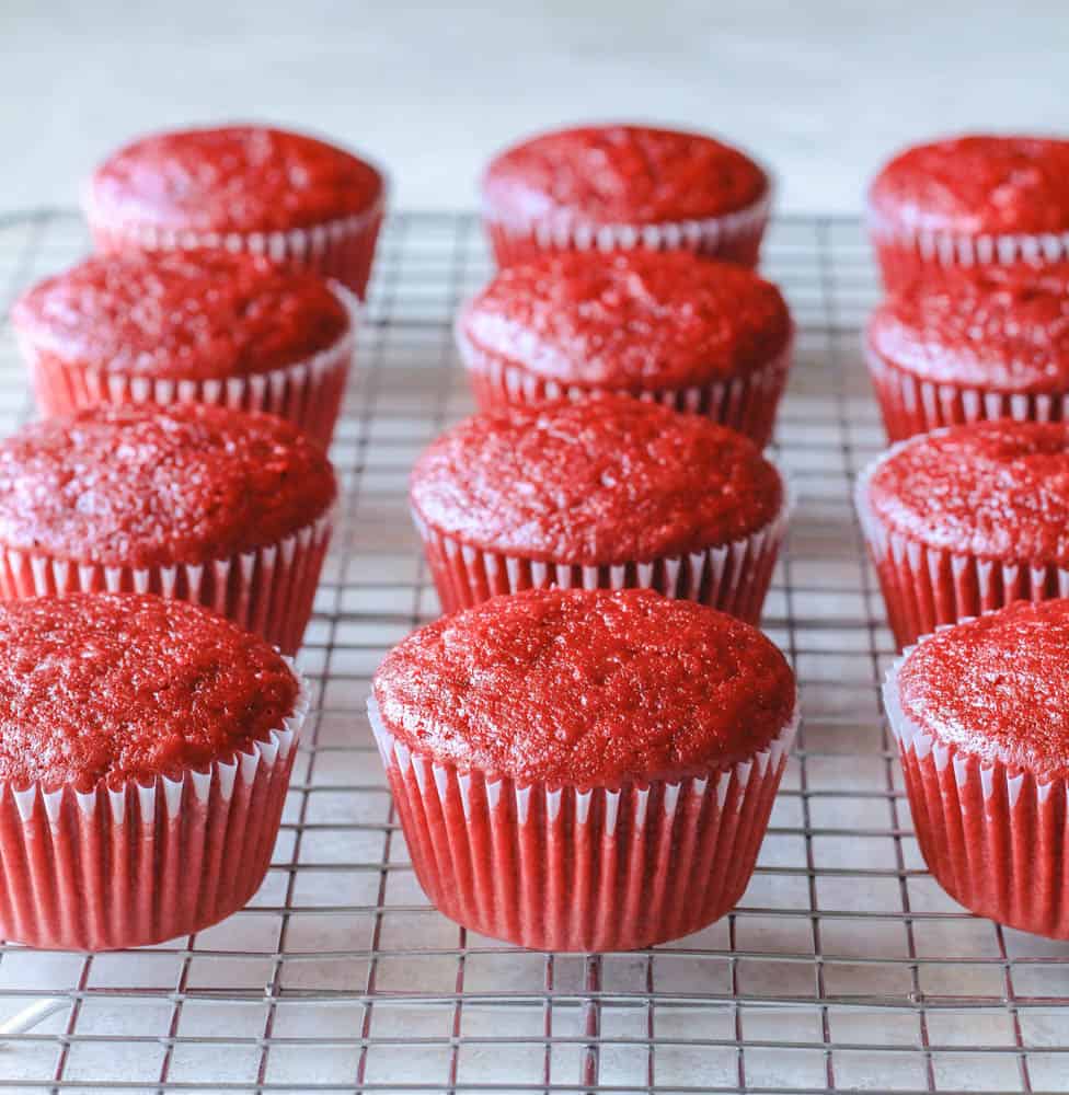 healthy red velvet cupcakes on a cooling rack