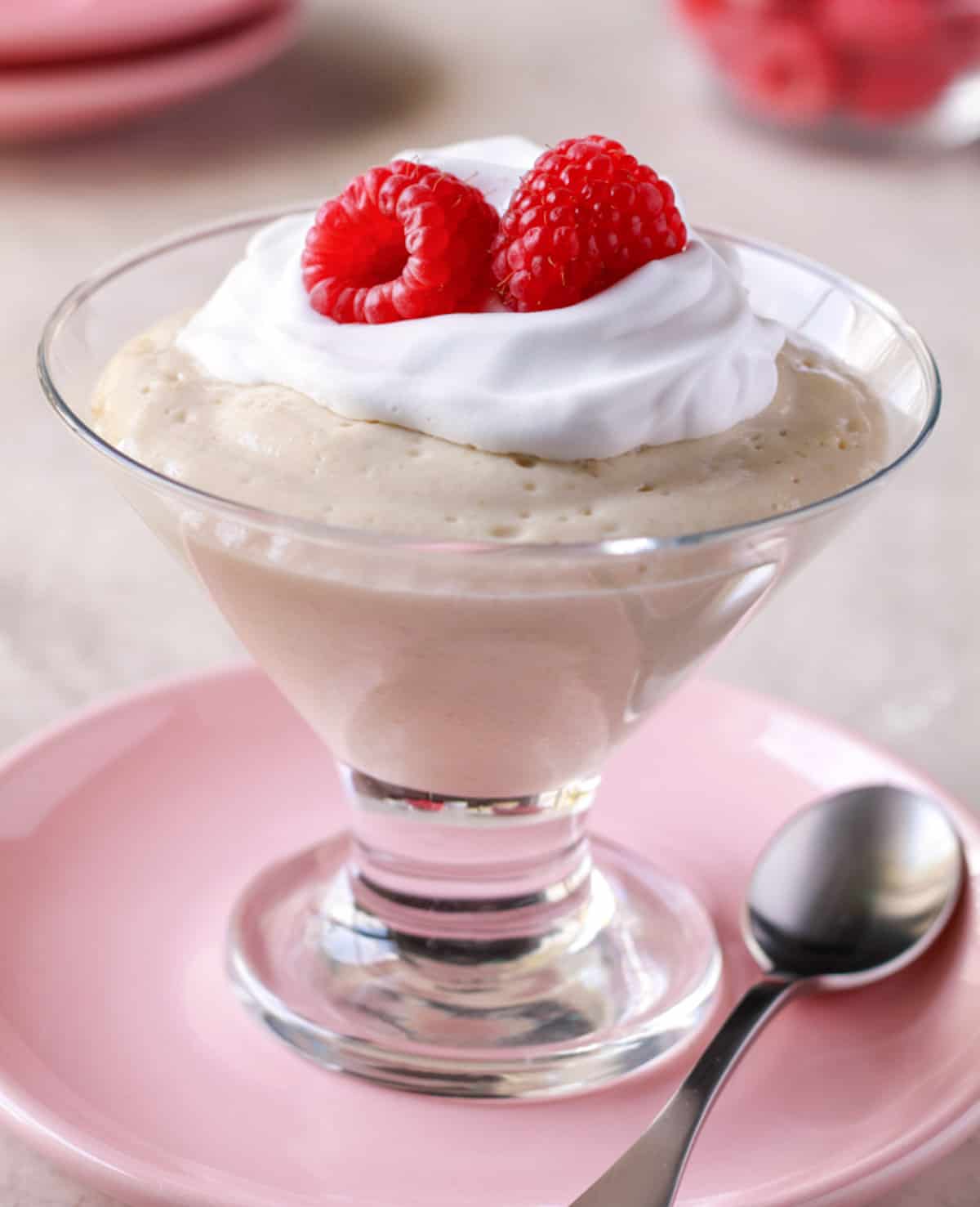 Silken tofu pudding in a dessert glass with whipped cream and raspberries