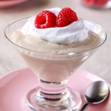 Silken tofu pudding with whipped cream and raspberries
