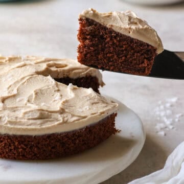 healthy chocolate breakfast cake with peanut butter frosting