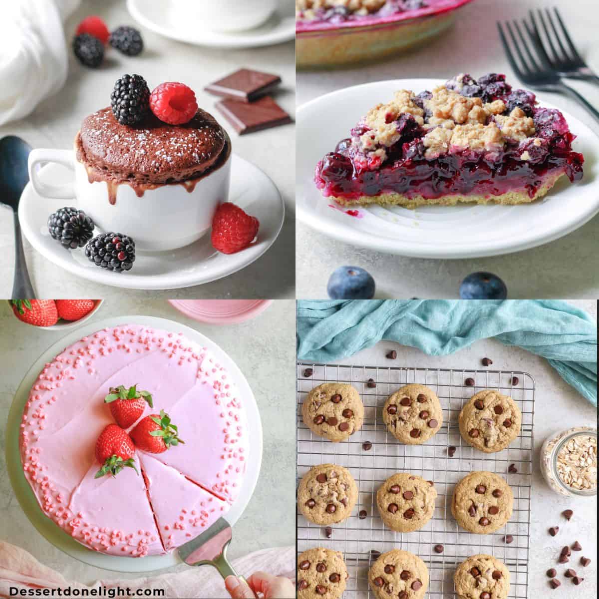 Collage of healthy oat flour desserts including cookies, cake, pie, and mug cake.