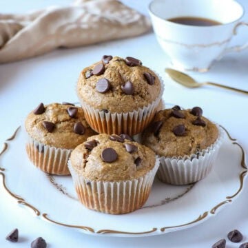 Fluffy Oat flour Chocolate Chip Muffins on a white plate