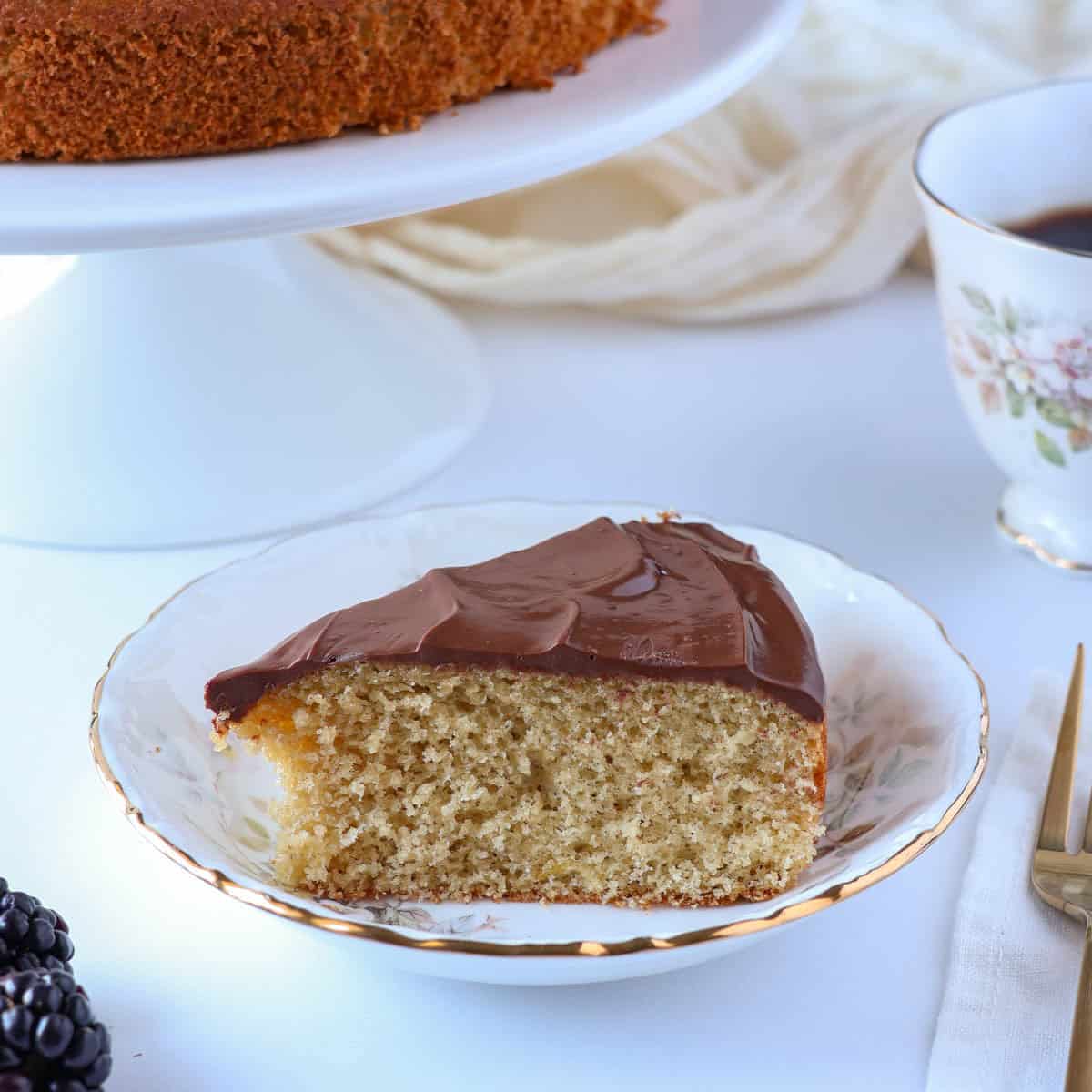 a slice moist protein cake made with protein powder and topped with chocolate fudge frosting