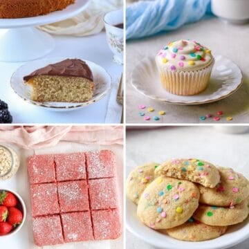 Assorted protein desserts including protein cake, cupcakes, cookies, and strawberry protein bars