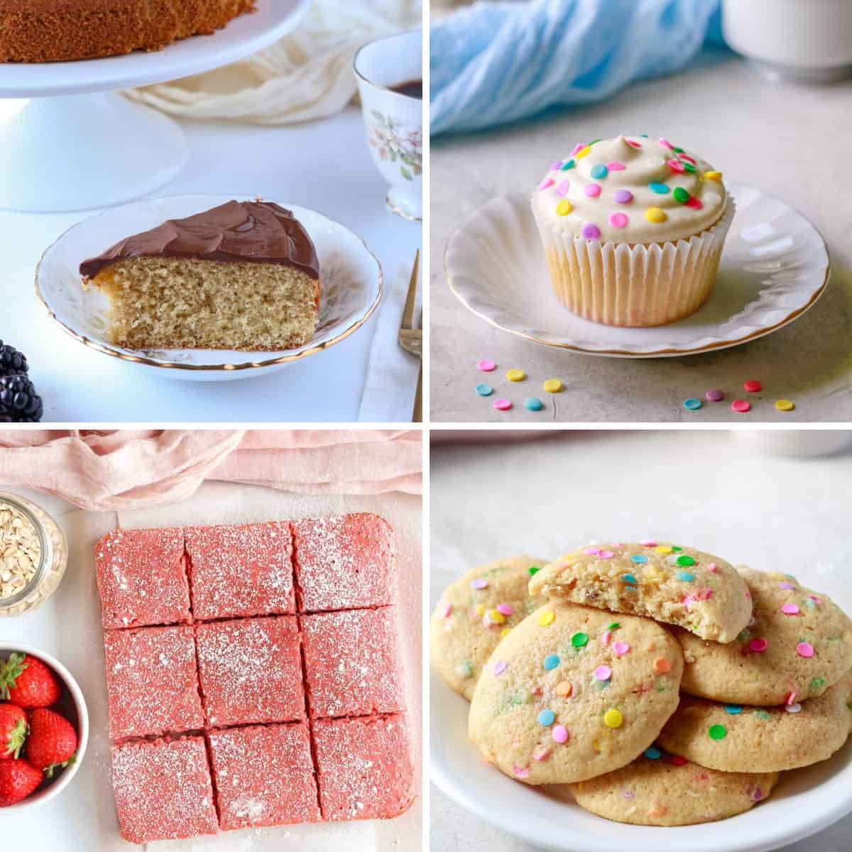 Assorted protein desserts including protein cake, cupcakes, cookies, and strawberry protein bars