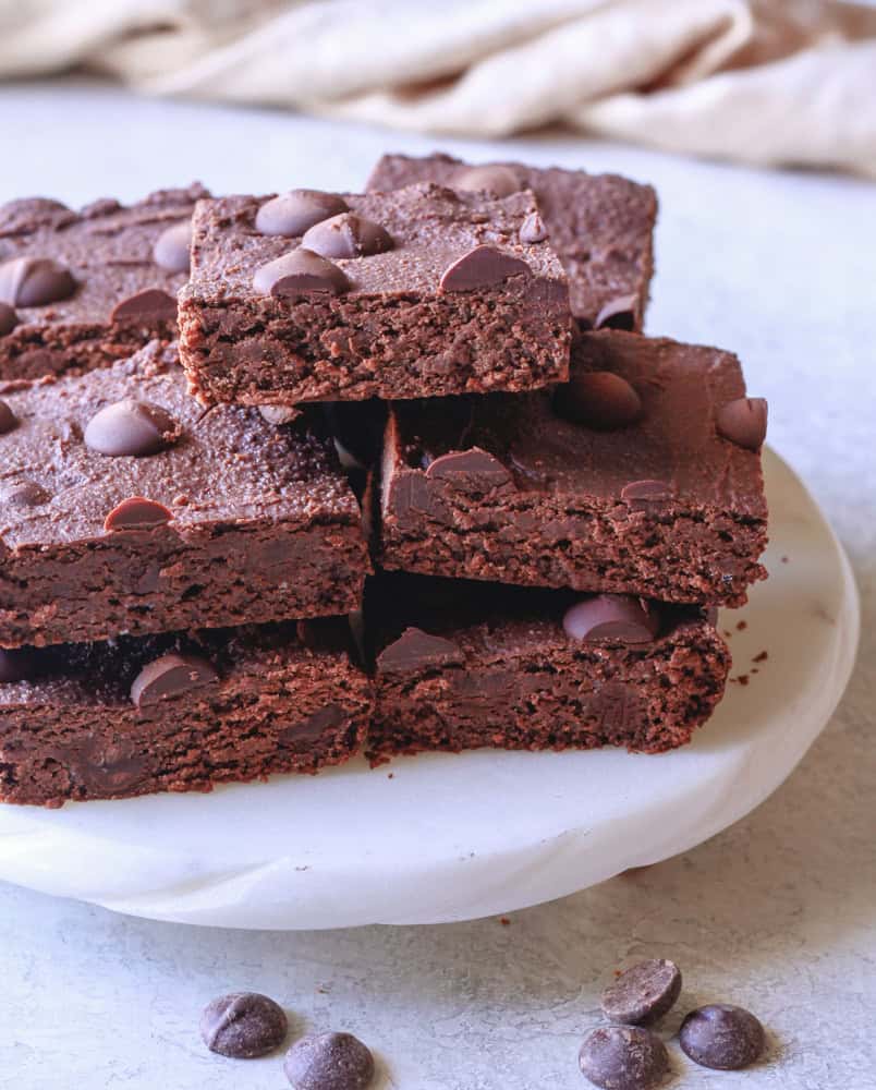 Fudgy healthy protein brownies topped with chocolate chips