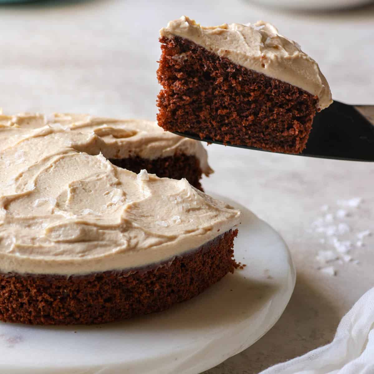healthy chocolate breakfast cake with peanut butter frosting