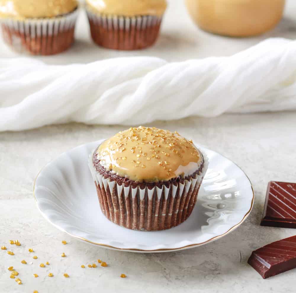 quinoa chocolate cupcake topped with peanut butter glaze
