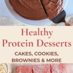 healthy protein cake with fudge frosting and strawberry protein bars